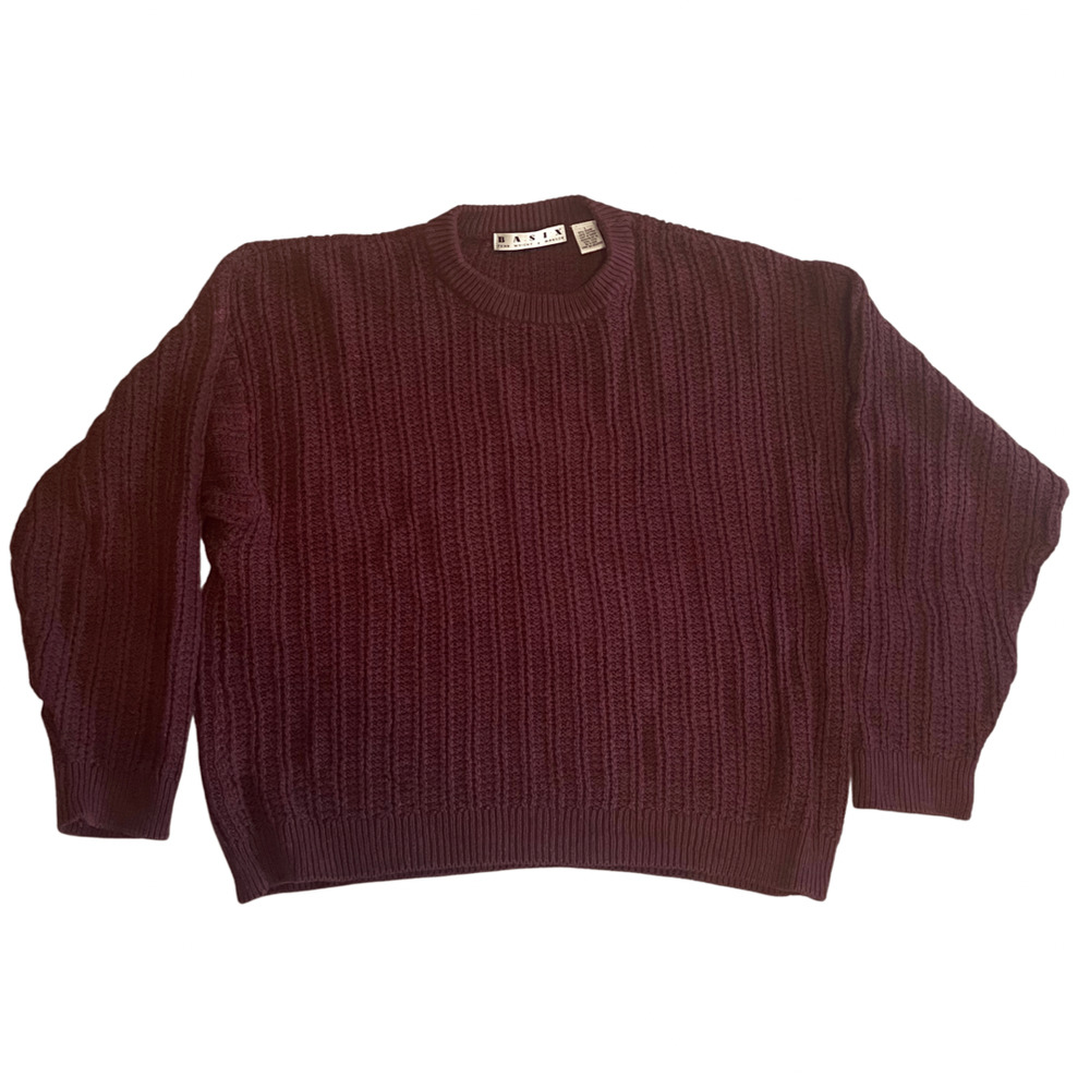 Vintage 90s Basix Crew Neck Chunky Knit Grandpa Pullover Sweater Mens L Maroon